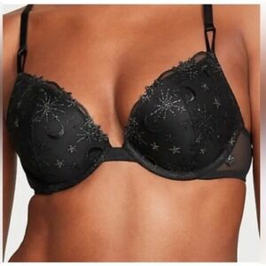 Victoria's Secret Black Celestial Star Moon Embroidered Push Up‎ Bra 34DD